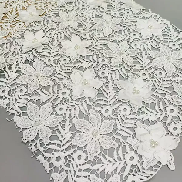 3D Floral Lace Guipure Fabric Pearls Water Soluable Corns Centrentery Guipure Lace Fabric