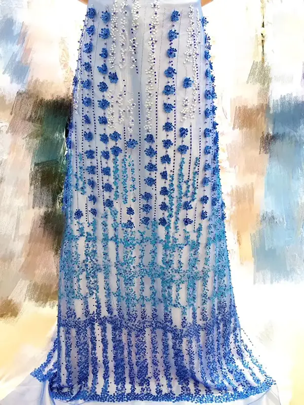 Custom Luxury Heavy Made Embroidery Tulle Beads Lace Mesh Beaded Fabric