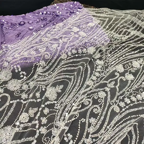 White Beaded Embroidery Lace Fabric Luxury White Bridal Wedding Dress Sequence Beaded Embroidery Lace Fabric
