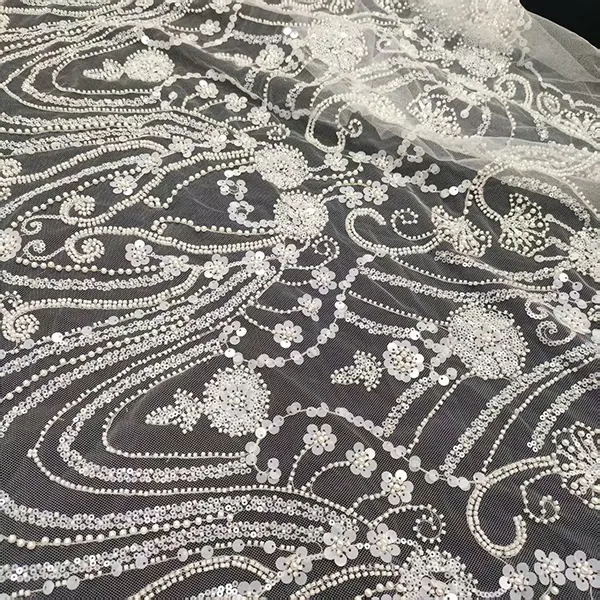 White Beaded Embroidery Lace Fabric Luxury White Bridal Wedding Dress Sequence Beaded Embroidery Lace Fabric