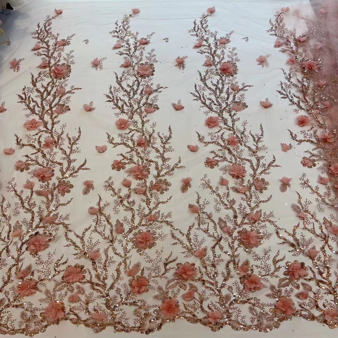 Bead Lace 2024 Mesh 3d Embroidered Applique Flower Embroidery Tulle Fabric