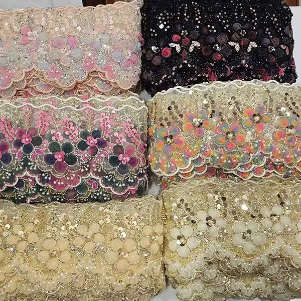 Πολύχρωμη κεντημένη δαντέλα με 3D διχτυωτό λουλούδια κορδέλα με χάντρες με γραμμωτό κέντημα δαντέλα